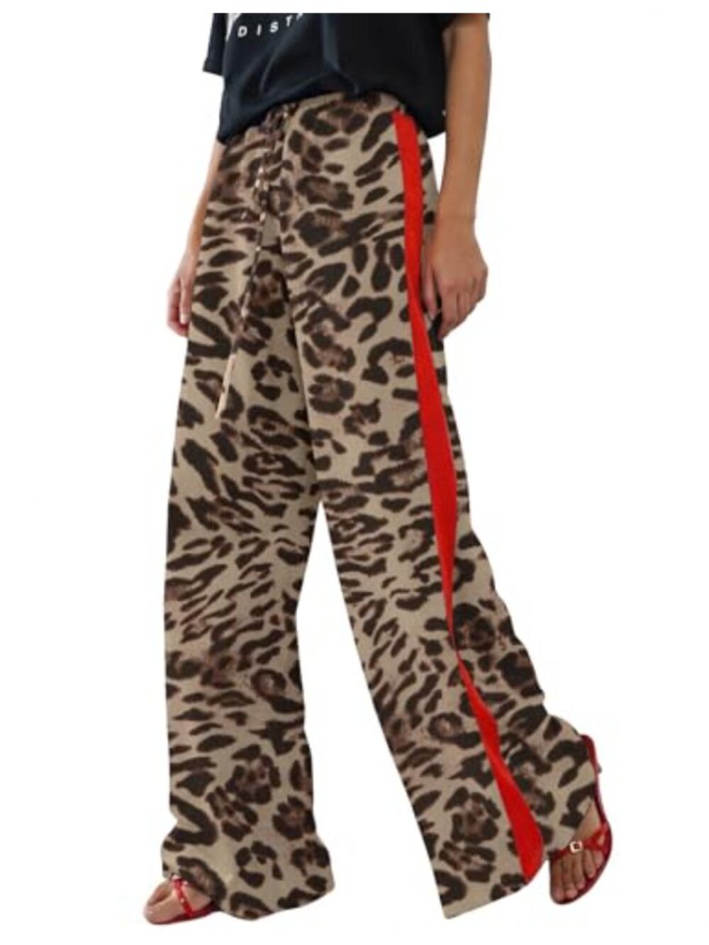 Rapbin Womens Leopard Wide Leg Palazzo Pants Flowy Striped Trousers